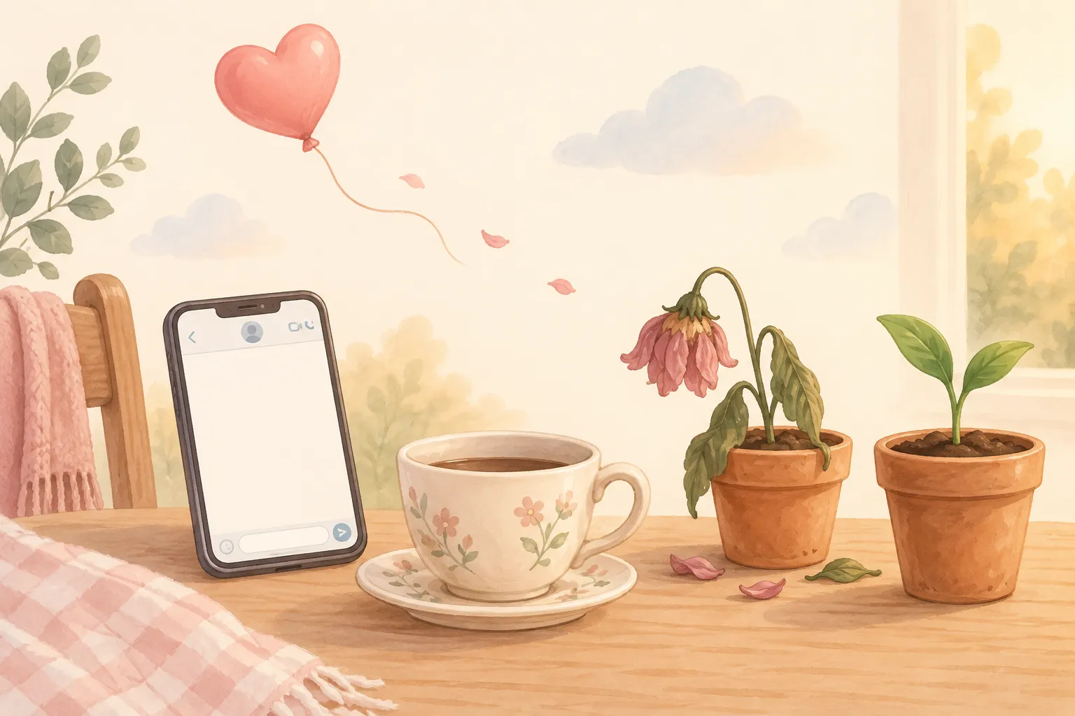 멀어지는 하트 풍선, 빈 대화창의 휴대폰, 시든 꽃과 새싹 화분 일러스트